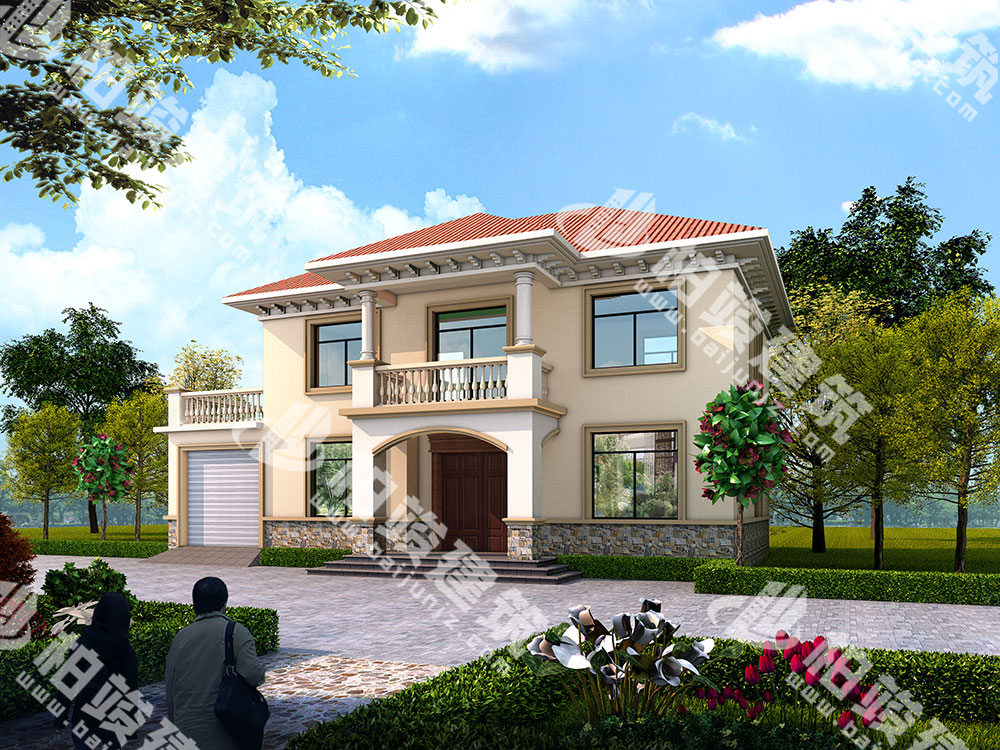 二層自建房設計圖，簡歐風格，帶車庫雙露臺