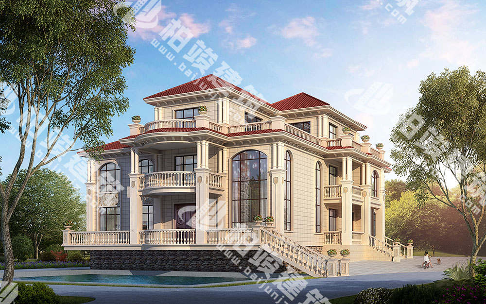 豪華三層農(nóng)村別墅，簡歐風(fēng)格，復(fù)式客廳帶超高落地窗，大占地有大氣派