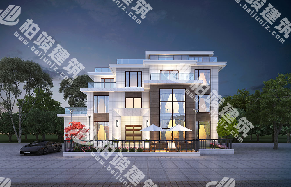 農(nóng)村三層自建房設(shè)計圖，現(xiàn)代感外形，平屋頂設(shè)計，帶車庫、5露臺