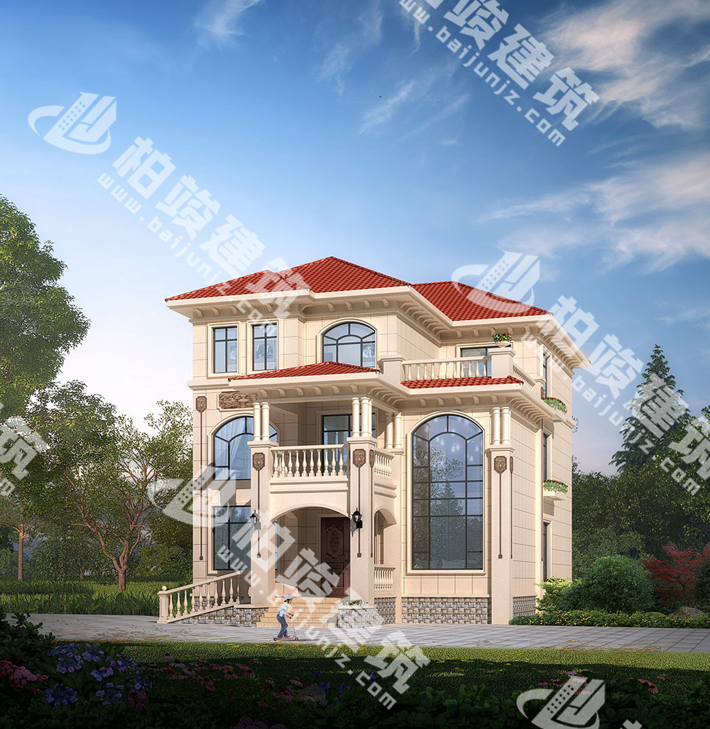 農(nóng)村三層別墅設(shè)計圖紙，簡歐風(fēng)格，帶雙層落地窗、輪椅坡道