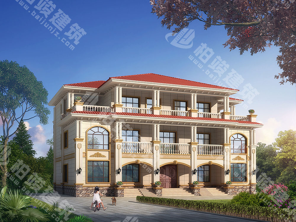 農(nóng)村自建房設(shè)計(jì)圖，三層雙拼別墅，氣派簡(jiǎn)歐風(fēng)格，帶堂屋神龕位