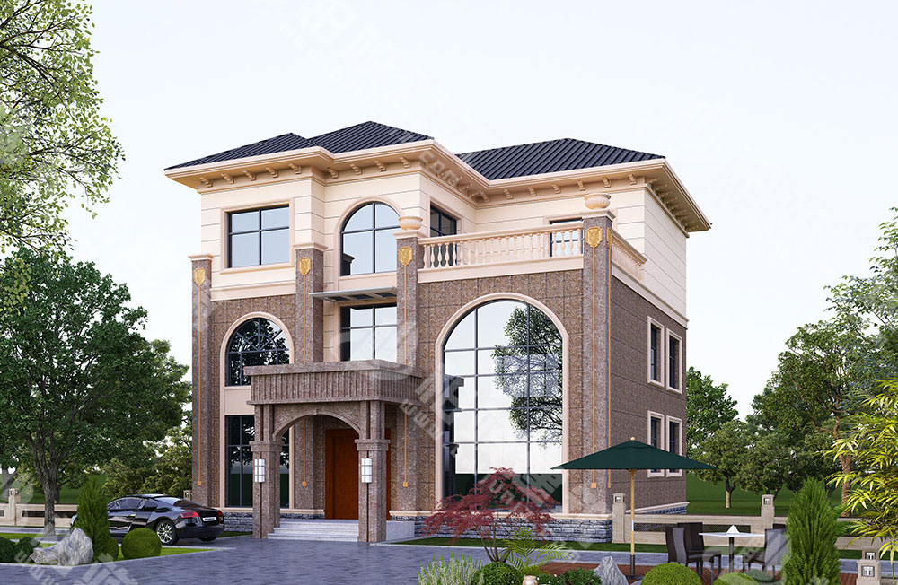 農(nóng)村自建房設(shè)計(jì)圖，三層簡(jiǎn)歐風(fēng)格，外形恢弘典雅，帶超高落地窗、電梯、煙囪