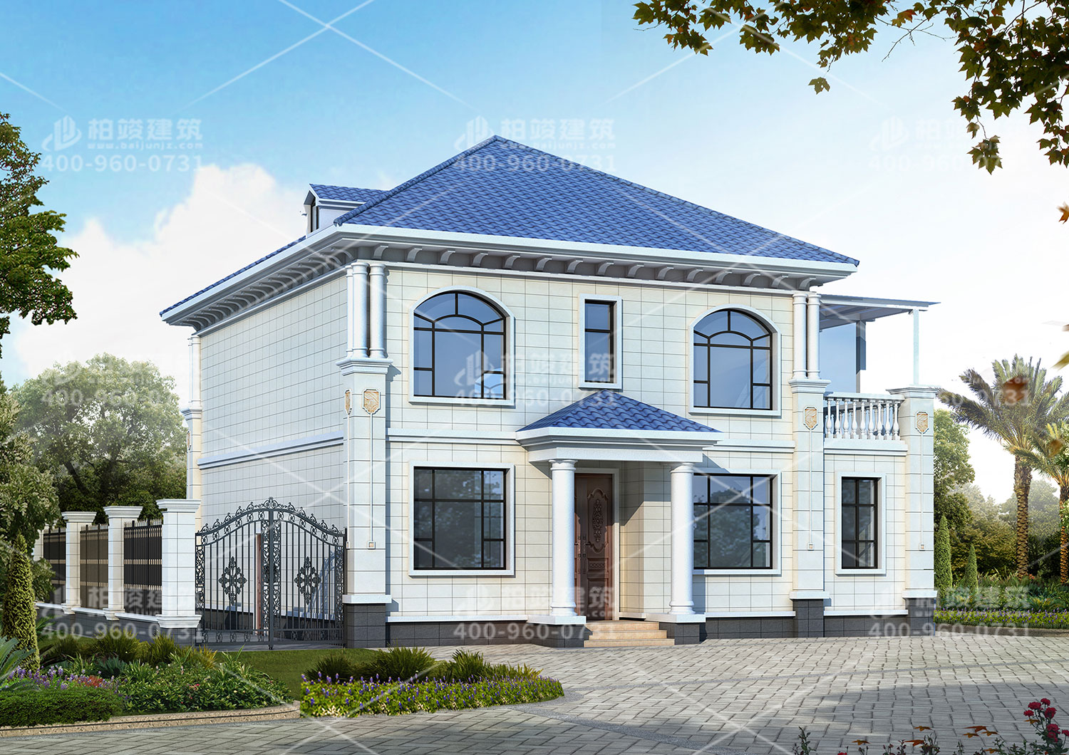 二層別墅效果圖，帶院子停車庫。