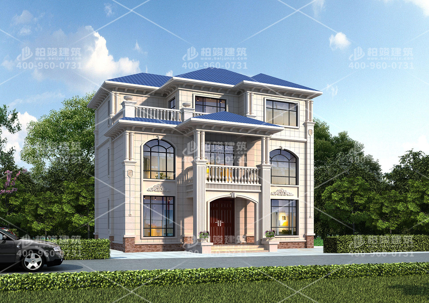 三層斜屋頂自建房效果圖，帶大露臺享受陽光浴。