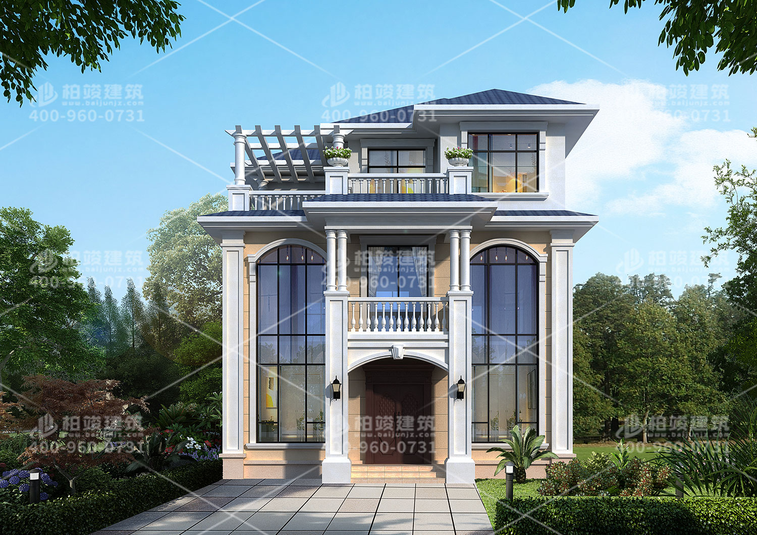 三層歐式風格別墅效果圖，斜屋頂帶羅馬柱。