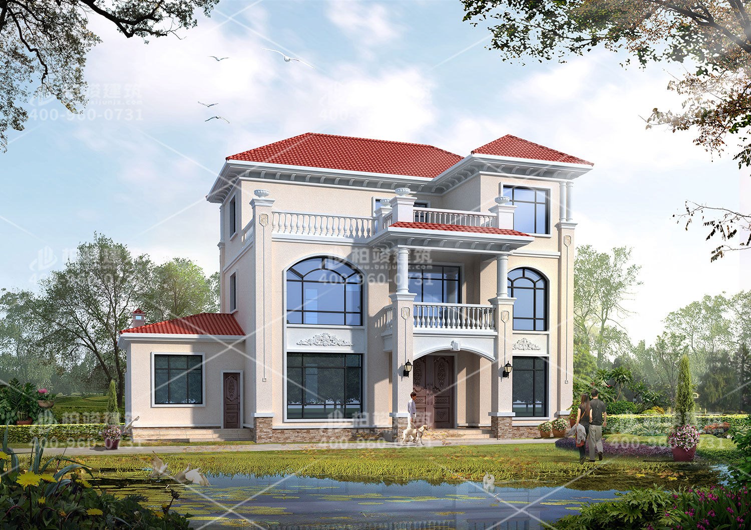 三層歐式房屋設計，斜屋頂設計，帶陽臺。