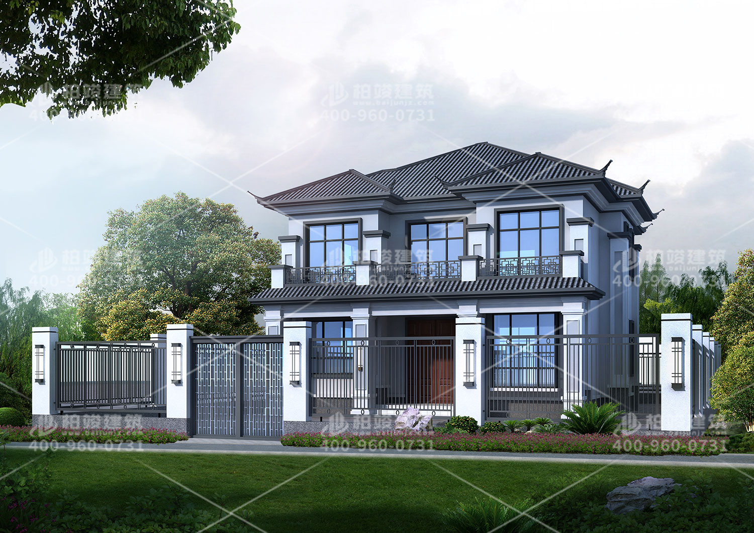 中式二層房屋設計圖，帶圍欄和小庭院。