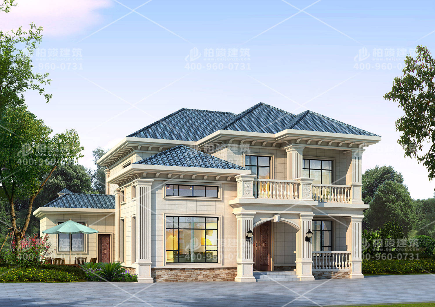 新中式別墅設(shè)計(jì)圖，帶輔房墨綠色房頂。