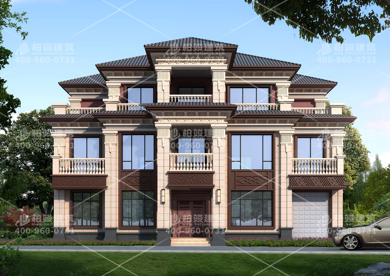 三層新中式別墅效果圖大全，帶車庫大面積豪華別墅。