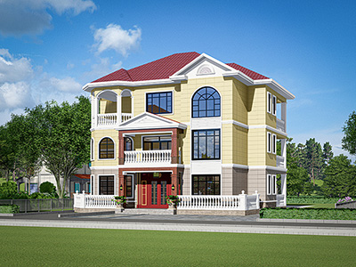 三層樓房設(shè)計(jì)圖，紅色斜屋頂美極了。