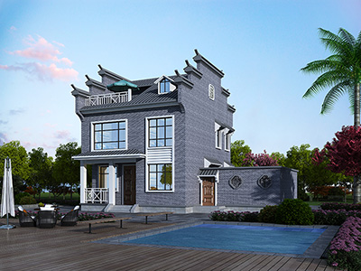 二層中式別墅效果圖，樓頂帶陽關傘巴適的很