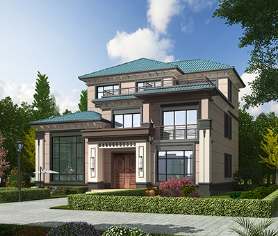 鄉(xiāng)村三層樓房設(shè)計(jì)圖，墨綠色斜屋頂。