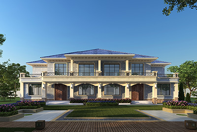 二層雙拼別墅設(shè)計，米白色和灰色搭配的外墻。