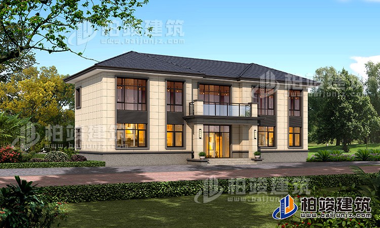 新中式二層別墅，米白色格子線條外墻十分好看。