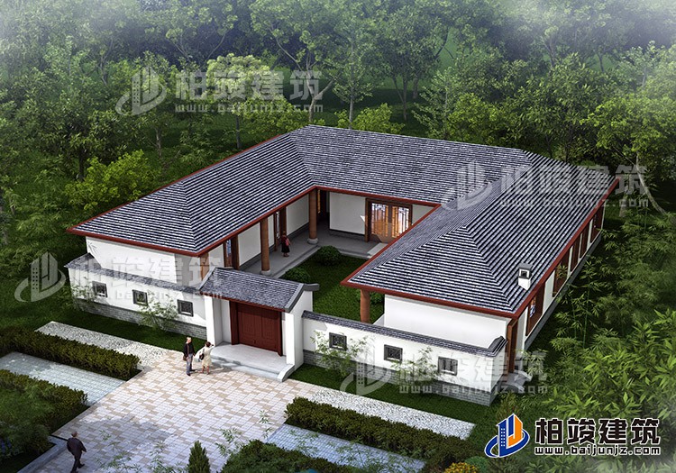 中式三合院平房設(shè)計(jì)圖及效果圖、施工圖BZ168-新中式風(fēng)格