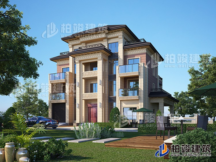 新款農(nóng)村四層別墅設(shè)計圖紙及效果圖，外立面清新別致BZ412-新中式風(fēng)格