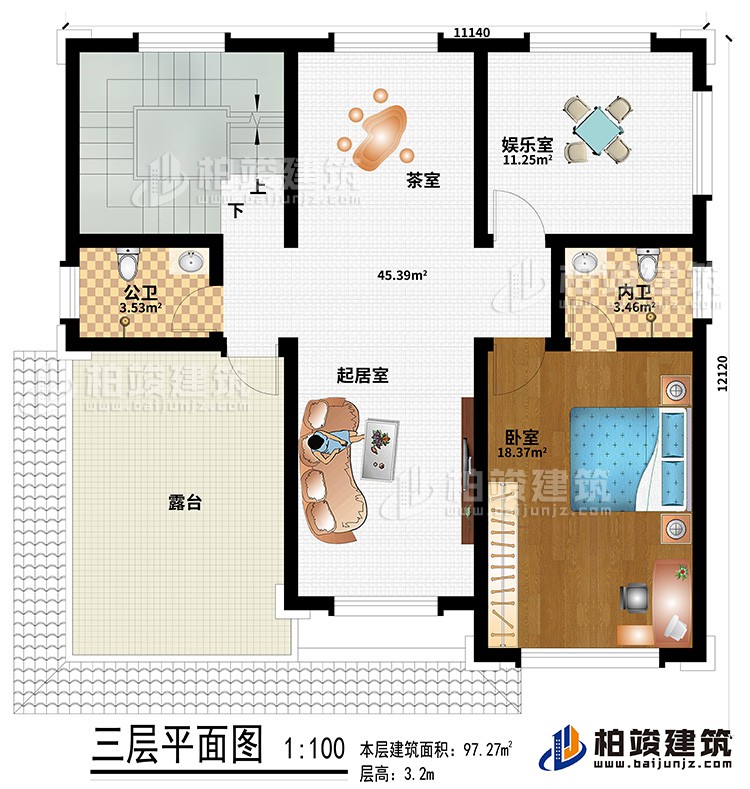 三層：起居室、茶室、娛樂(lè)室、公衛(wèi)、內(nèi)衛(wèi)、臥室、露臺(tái)