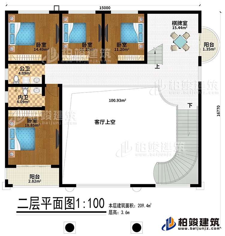 二層：4臥室、公衛(wèi)、內衛(wèi)、棋牌室、2陽臺、客廳上空