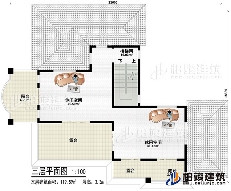 頂層：2休閑空間、2露臺(tái)、2陽臺(tái)、樓梯間
