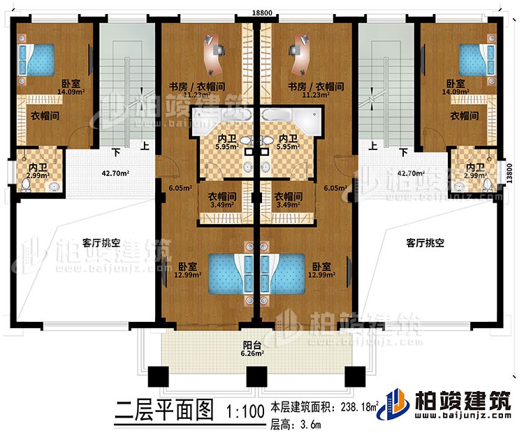 二層：2客廳挑空、4臥室、4衣帽間、2書(shū)房/衣帽間、4內(nèi)衛(wèi)、陽(yáng)臺(tái)