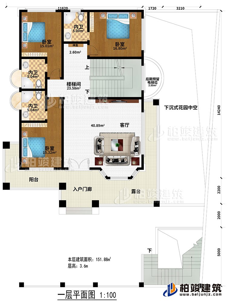 一層：入戶門廊、陽臺(tái)、露臺(tái)、客廳、樓梯間、神龕、3臥室、3內(nèi)衛(wèi)、后期預(yù)留電梯位、下沉式花園中空