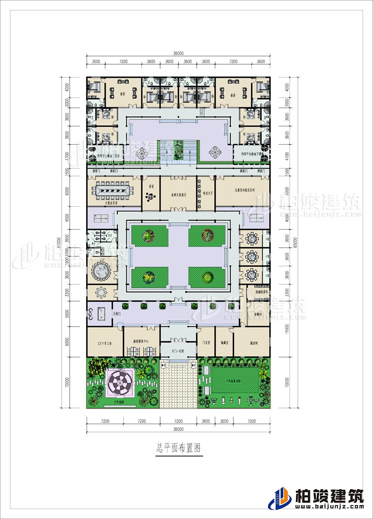 一層：2戶外花園、大門+磚碉、門衛(wèi)室、游客服務(wù)中心、手工坊、3儲藏間、5餐廳、公衛(wèi)、13內(nèi)衛(wèi)、大型會議室、茶室、文化大廳、休息大廳、兒童室內(nèi)娛樂空間、客廳、10臥室