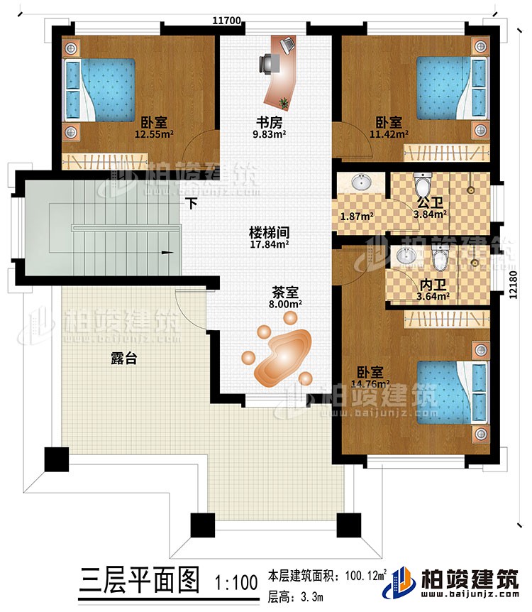 三層：樓梯間、書房、茶室、3臥室、公衛(wèi)、內(nèi)衛(wèi)、露臺