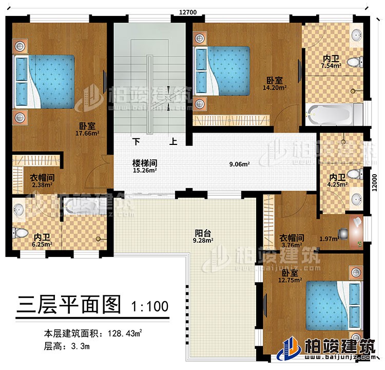 三層：樓梯間、3臥室、2衣帽間、3內(nèi)衛(wèi)、陽(yáng)臺(tái)