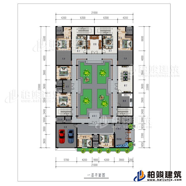 一層：月亮門(mén)、影壁墻、6臥室、車(chē)庫(kù)、6內(nèi)衛(wèi)、公衛(wèi)、儲(chǔ)藏室、廚房、餐廳、過(guò)廳、2天井2客廳、堂屋、垂花門(mén)