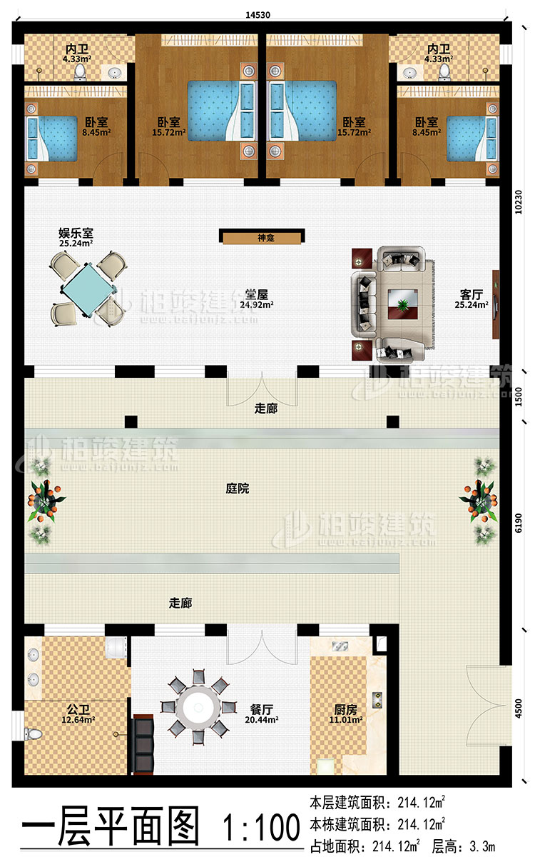 一層：2走廊、廚房、餐廳、堂屋、神龕、客廳、娛樂室、4臥室、2內(nèi)衛(wèi)、公衛(wèi)