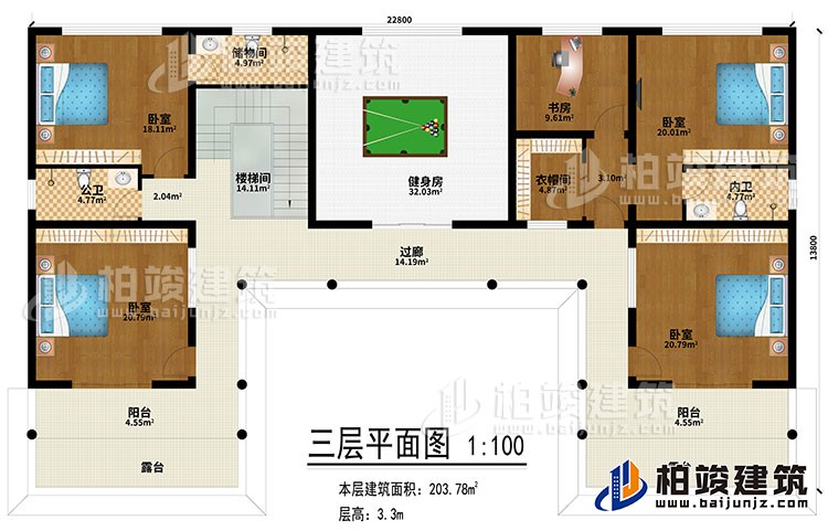 三層：健身房、過廊、樓梯間、4臥室、書房、衣帽間、公衛(wèi)、2內(nèi)衛(wèi)、2陽臺、2露臺、