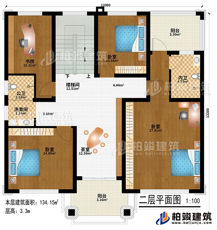 二層：樓梯間、茶室、3臥室、洗漱間、公衛(wèi)、內(nèi)衛(wèi)、2陽臺