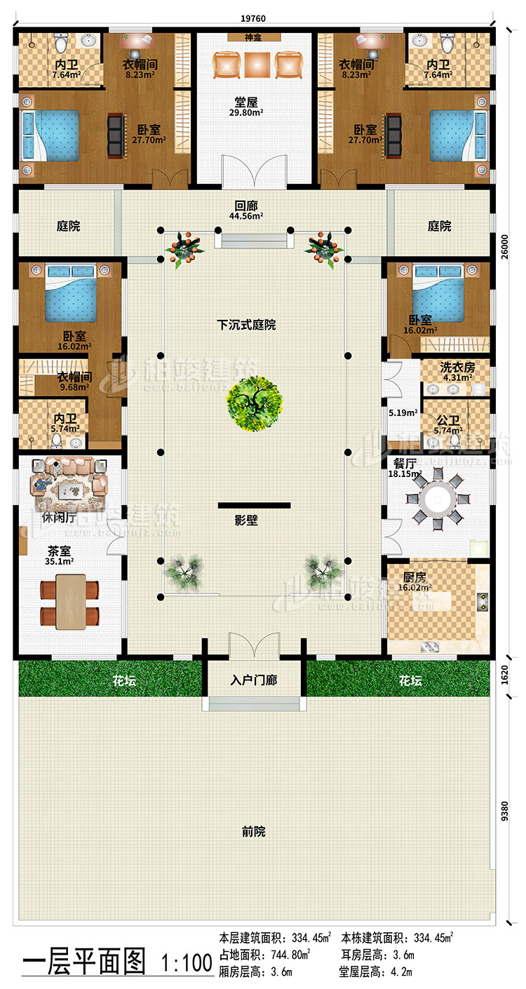 一層：前院、入戶門廊、影壁、下沉式庭院、回廊、2庭院、茶室、休閑廳、餐廳、廚房、堂屋、神龕、4臥室、3衣帽間、3內(nèi)衛(wèi)、公衛(wèi)、洗衣房