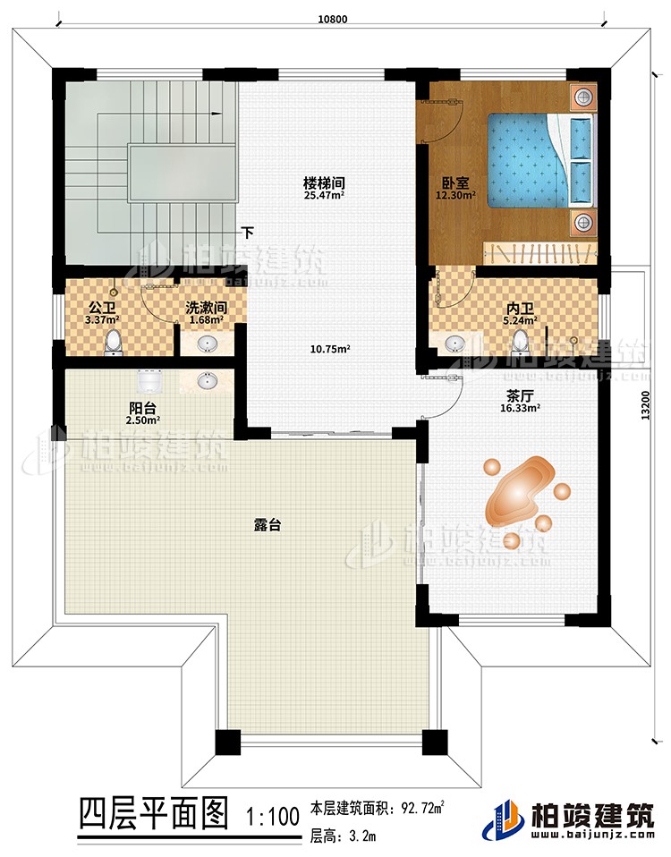 四層：樓梯間、臥室、洗漱間、公衛(wèi)、內(nèi)衛(wèi)、陽臺、露臺