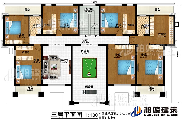 三層：過(guò)道、樓梯間、影視廳、臺(tái)球室、健身室、6臥室、4衣帽間、公衛(wèi)、內(nèi)衛(wèi)、2露臺(tái)、2陽(yáng)臺(tái)