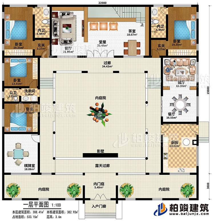 一層：入戶門廊、內(nèi)門庭、3內(nèi)庭院、棋牌室、廚房、餐廳、候廳、客廳、堂屋、茶室、2玄關(guān)、4臥室、2內(nèi)衛(wèi)、公衛(wèi)、影壁